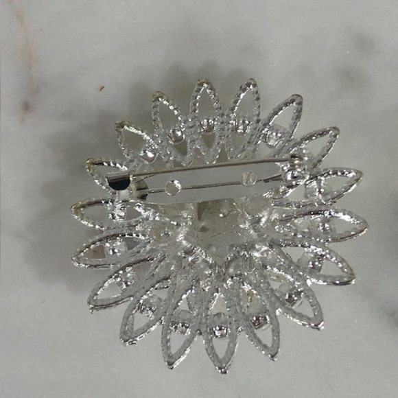 Flower Brooch Pin with Light Gray Diamonds - Silver Tone, New Condition - Picture 2 of 3